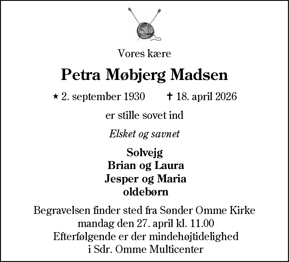 Dødsannonce for Petra Møbjerg Madsen