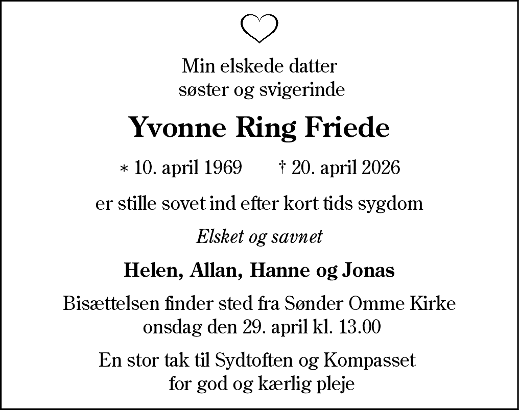 Dødsannonce for Yvonne Ring Friede
