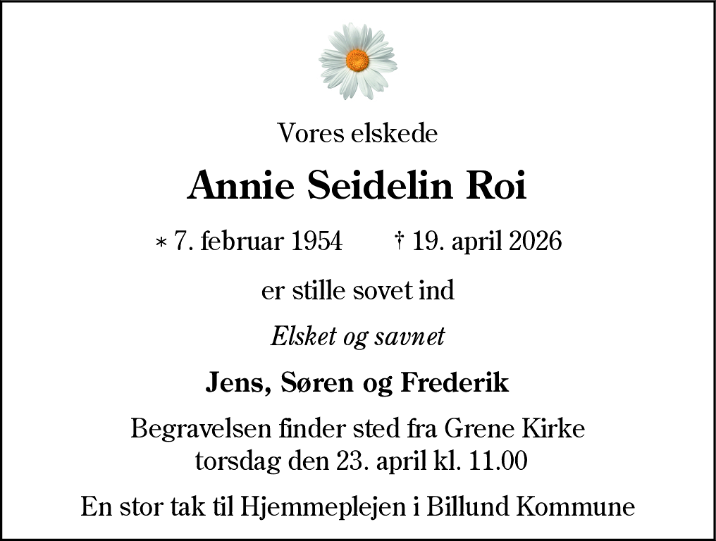 Dødsannonce for Annie Seidelin Roi