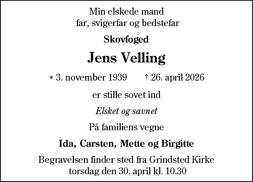 Dødsannonce for Jens Arne Velling