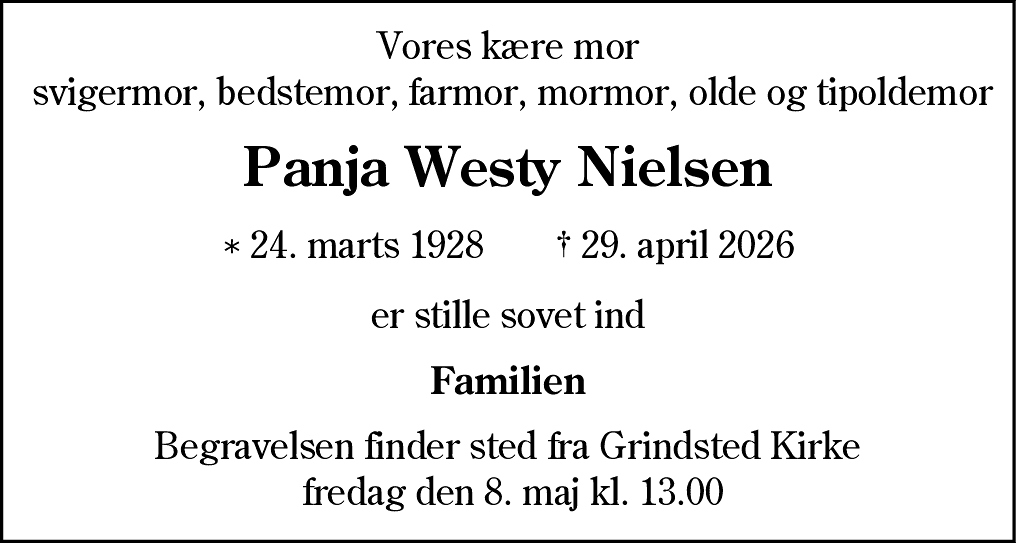Dødsannonce for Panja Westy Nielsen