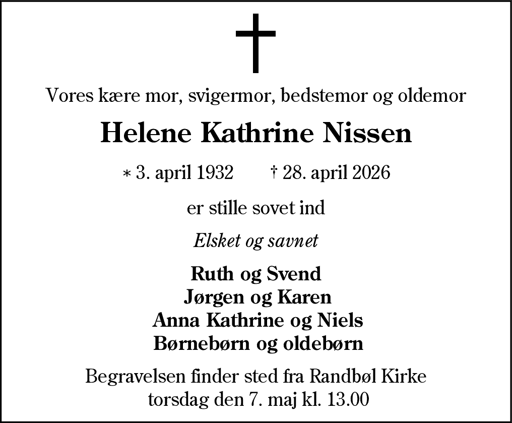 Dødsannonce for Helene Kathrine Nissen