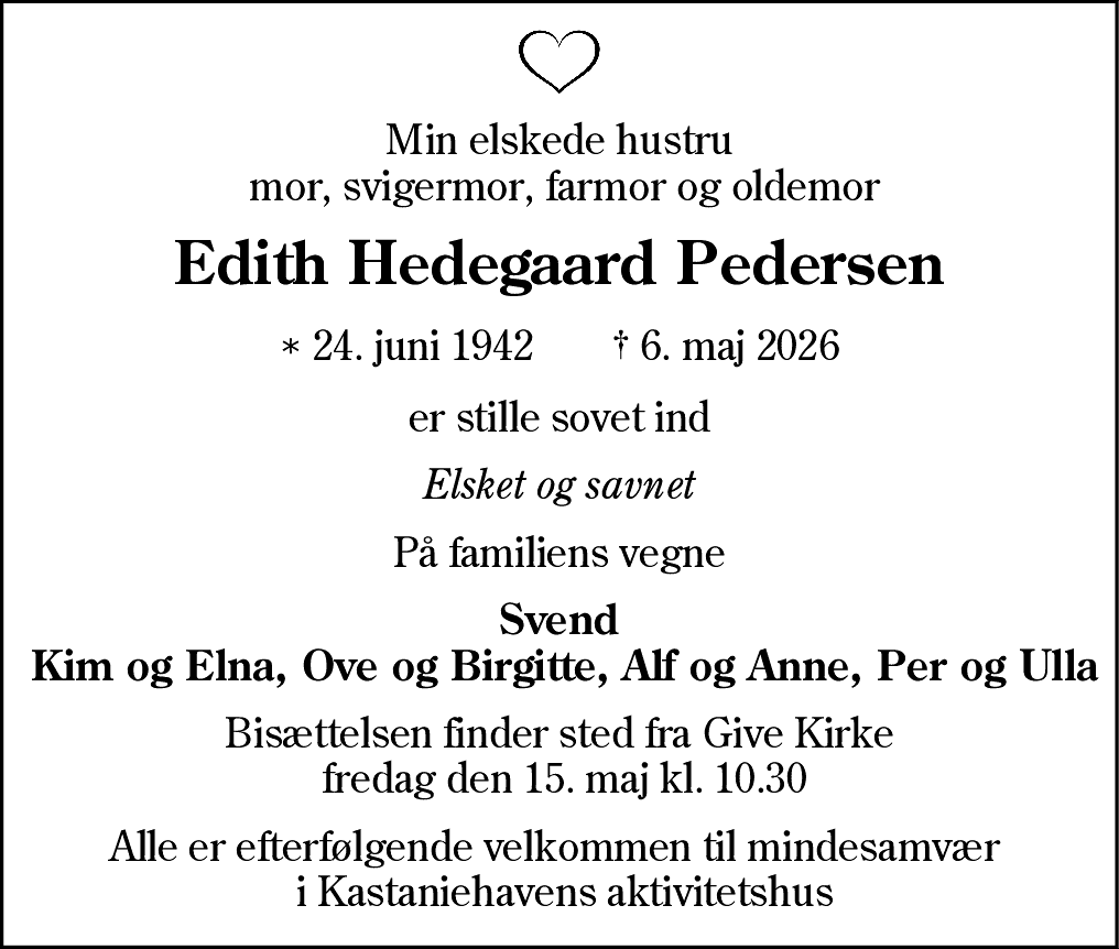 Dødsannonce for Edith Hedegaard Pedersen