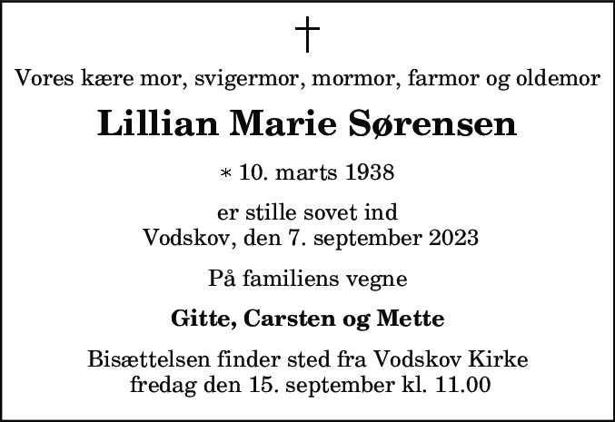 Dødsannonce for Lillian Marie Sørensen