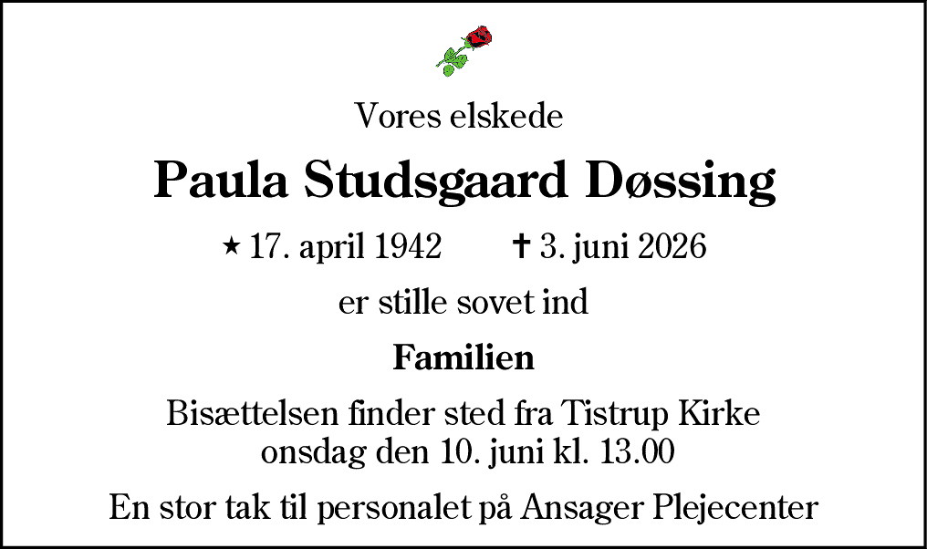 Dødsannonce for Paula Studsgaard Døssing