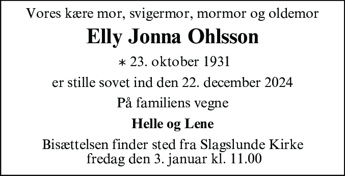 Dødsannonce for Elly Jonna Ohlsson