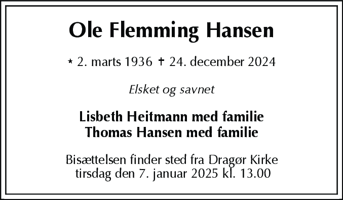 Dødsannonce for Ole Flemming Hansen