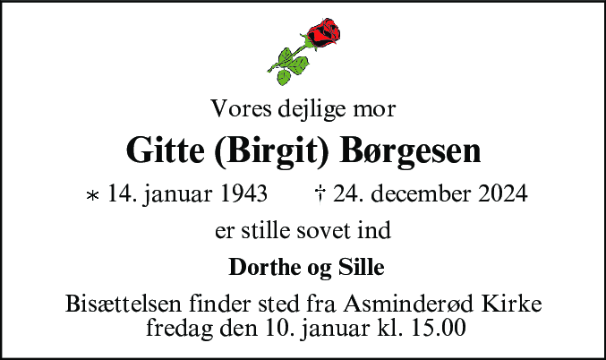 Dødsannonce for Birgit Børgesen