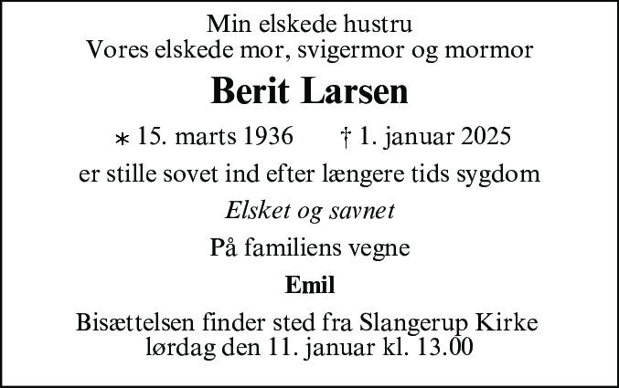 Dødsannonce for Sonja Berit Larsen