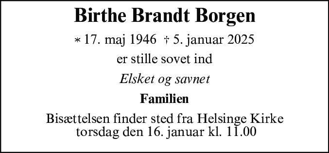 Dødsannonce for Birthe Brandt Borgen