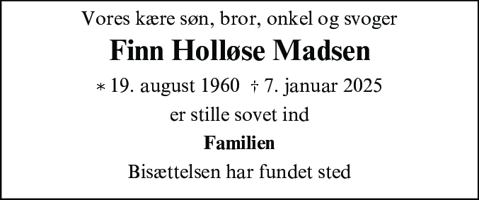 Dødsannonce for Finn Holløse Madsen