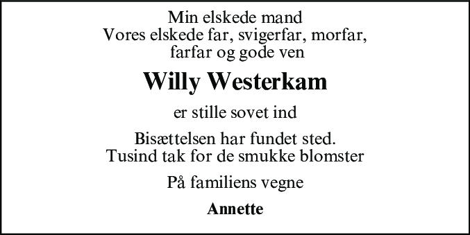 Dødsannonce for Willy Westerkam