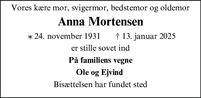 Dødsannonce for Anna Mortensen