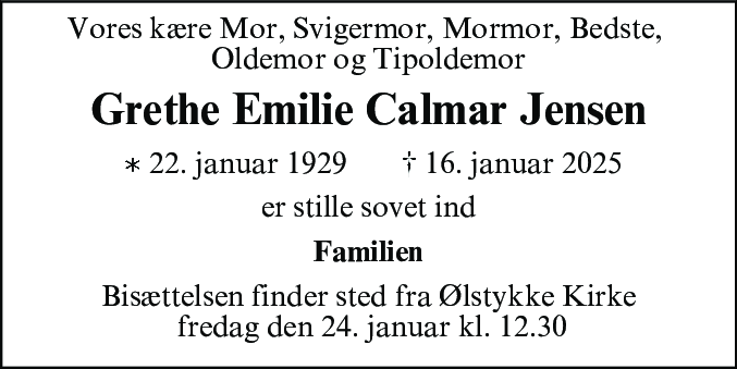 Dødsannonce for Grethe Emilie Calmar Jensen