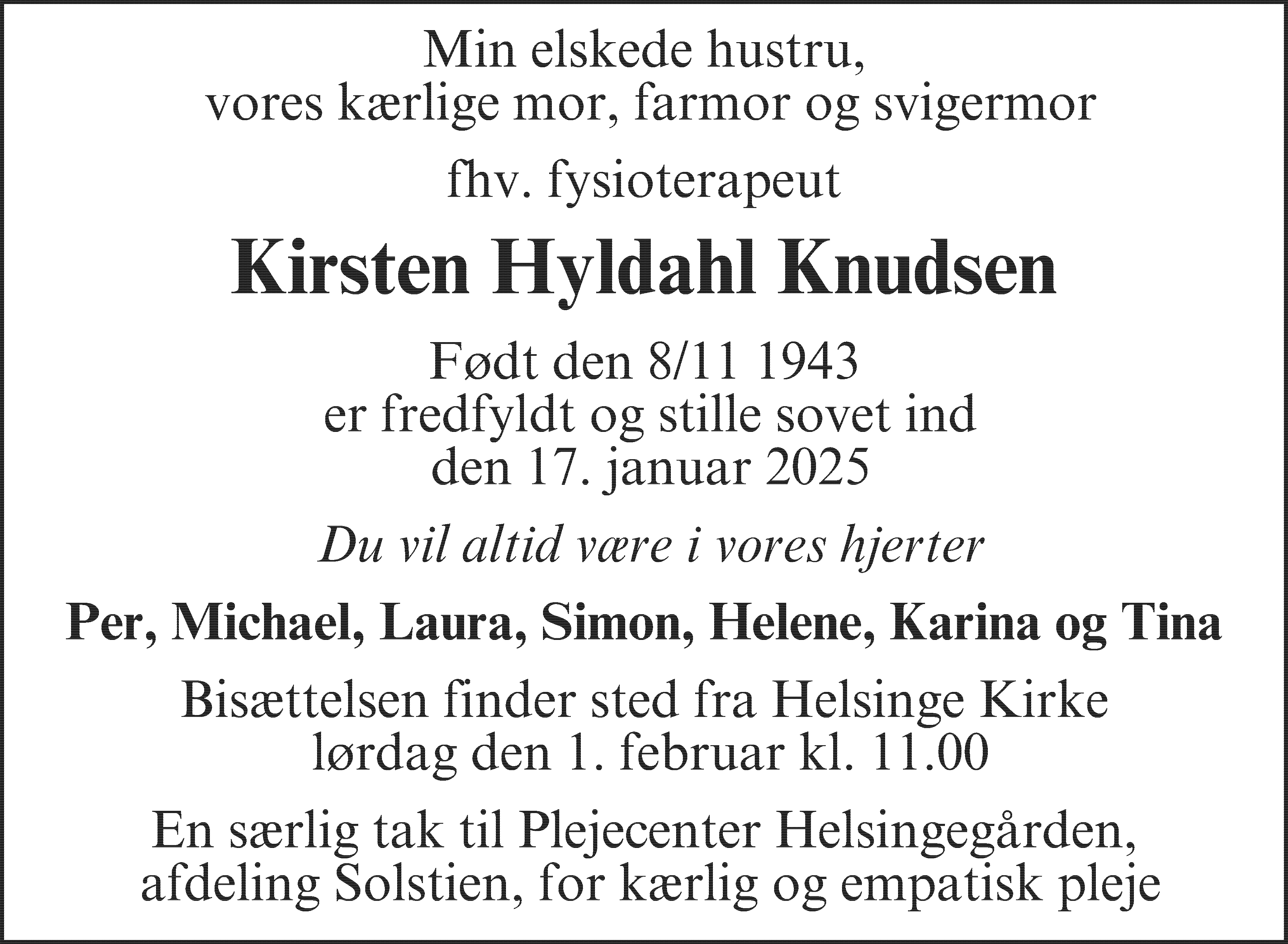 Dødsannonce for Kirsten Hyldahl Knudsen