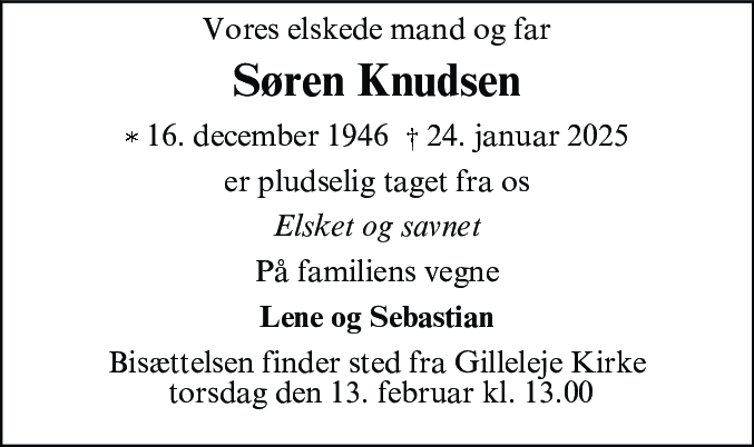 Dødsannonce for Søren Knudsen