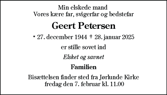 Dødsannonce for Geert Petersen