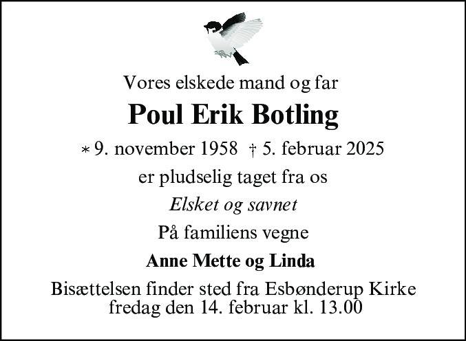 Dødsannonce for Poul Erik Botling