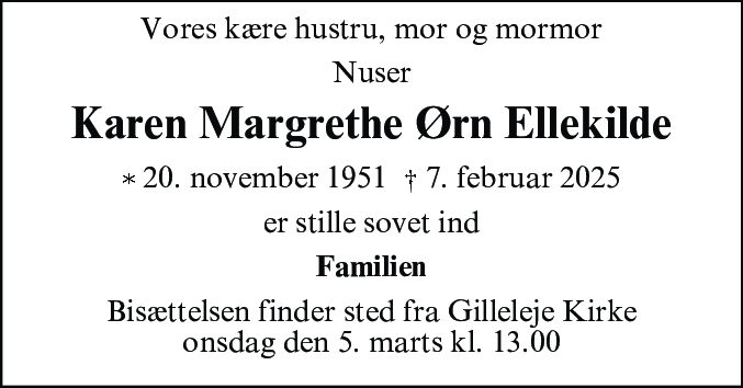 Dødsannonce for Karen Margrethe Ørn Ellekilde