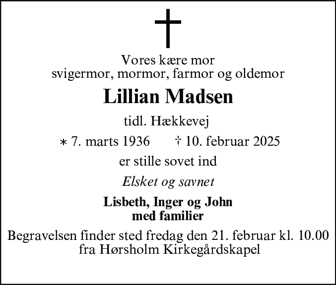 Dødsannonce for Lillian Madsen