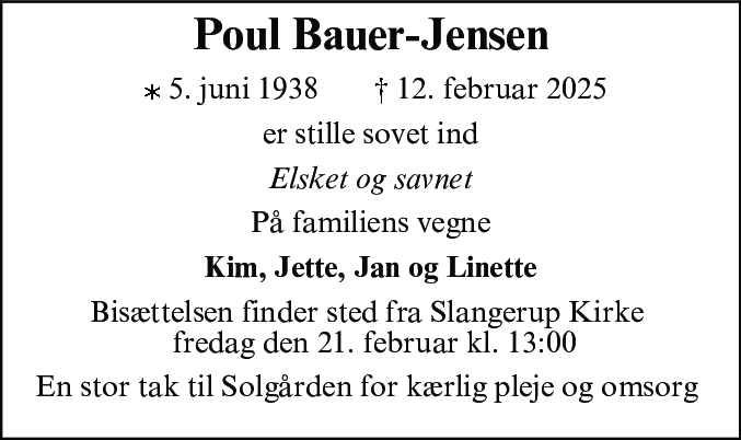 Dødsannonce for Poul Bauer-Jensen