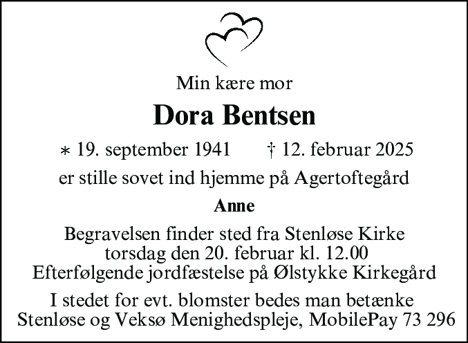 Dødsannonce for Dora Bentsen
