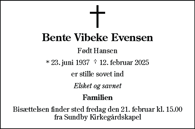 Dødsannonce for Bente Vibeke Evensen