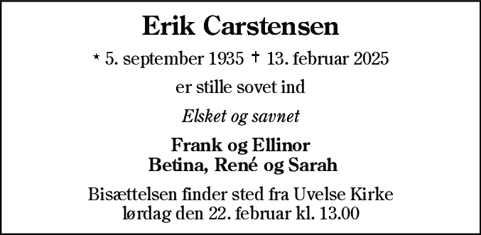 Dødsannonce for Erik Carstensen