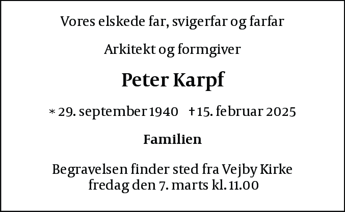 Dødsannonce for Peter Karpf
