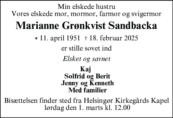 Dødsannonce for Marianne Grønkvist Sandbacka