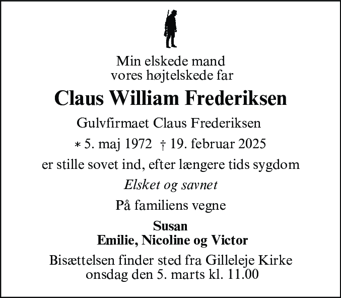 Dødsannonce for Claus William Frederiksen