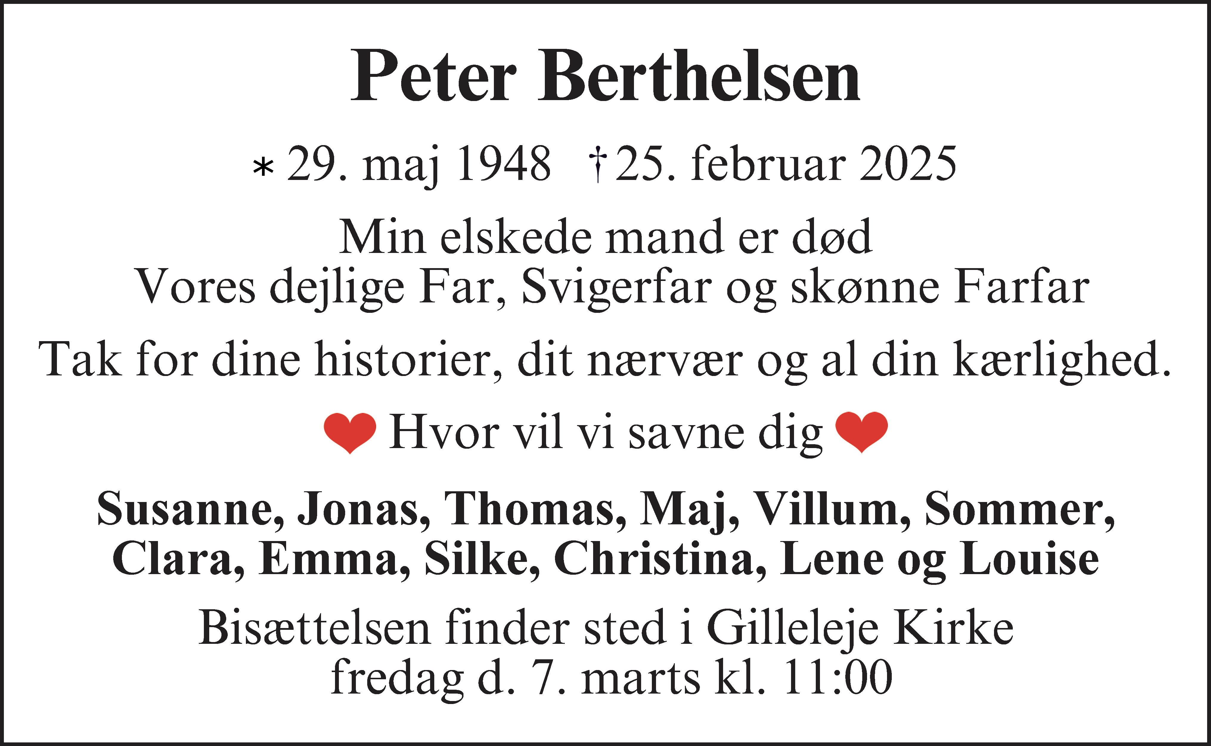 Dødsannonce for Peter Berthelsen