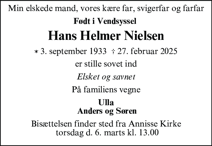 Dødsannonce for Hans Helmer Nielsen