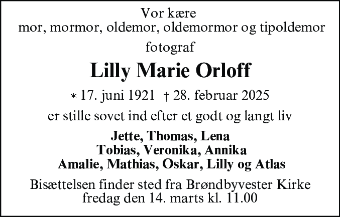 Dødsannonce for Lilly Marie Orloff