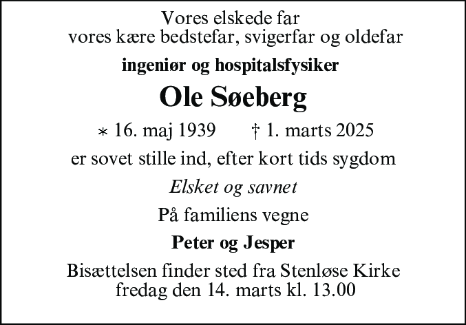 Dødsannonce for Ole Søeberg