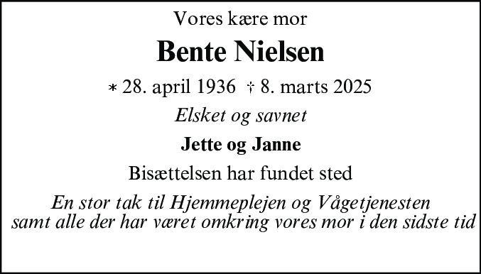Dødsannonce for Hanne Bente Nielsen