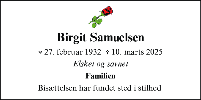 Dødsannonce for Birgit Samuelsen
