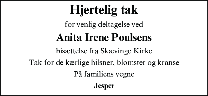 Dødsannonce for Anita Irene Poulsen
