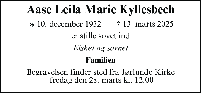 Dødsannonce for Aase Leila Marie Kyllesbech