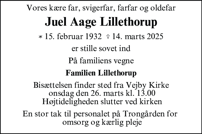 Dødsannonce for Juel Aage Lillethorup