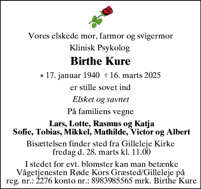 Dødsannonce for Birthe Margrete Kure