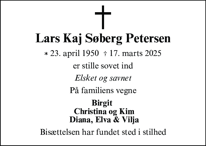 Dødsannonce for Lars Kaj Søberg Petersen