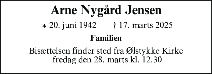 Dødsannonce for Arne Nygård Jensen