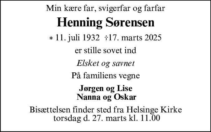 Dødsannonce for Aage Henning Sørensen