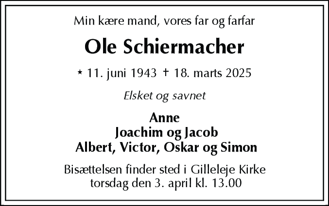 Dødsannonce for Ole Schiermacher