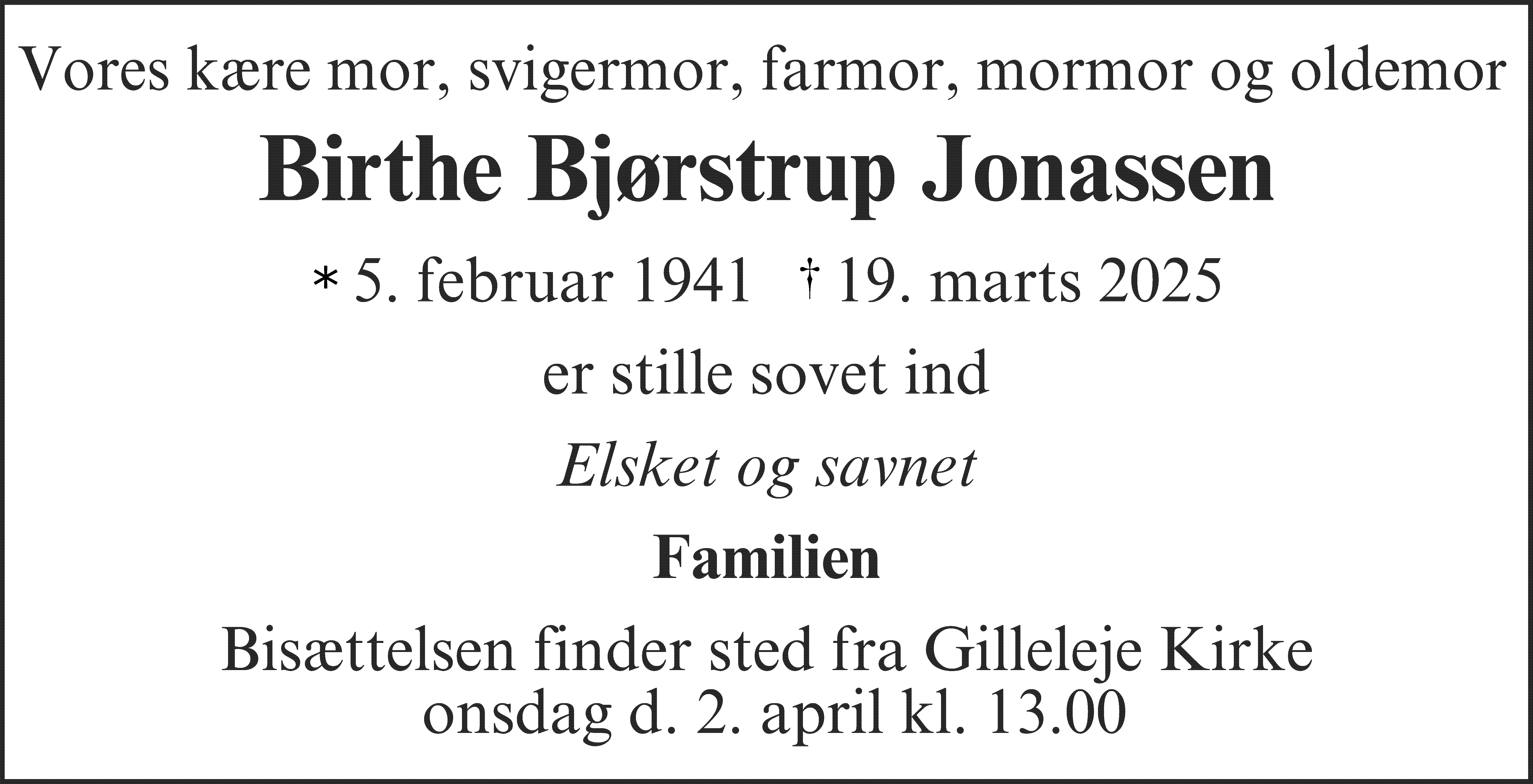 Dødsannonce for Birthe Bjørstrup Jonassen