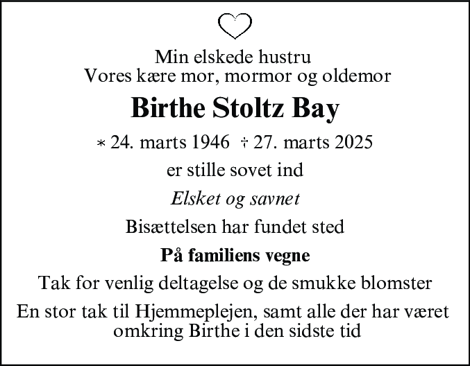 Dødsannonce for Birthe Stoltz Bay