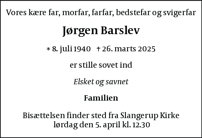 Dødsannonce for Jørgen Barslev