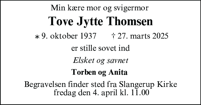 Dødsannonce for Tove Jytte Thomsen