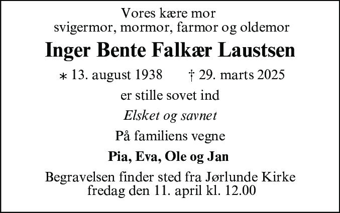 Dødsannonce for Inger Bente Falkær Laustsen
